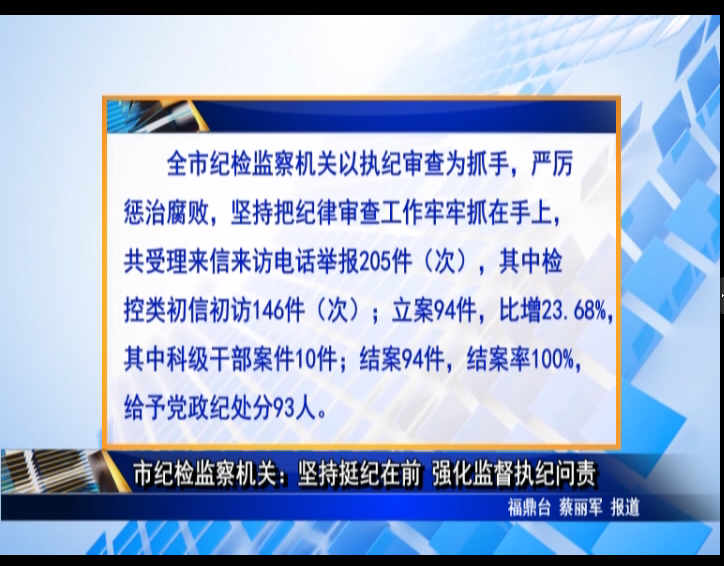 市纪检监察机关：坚持挺纪在前 强化监督执纪问责